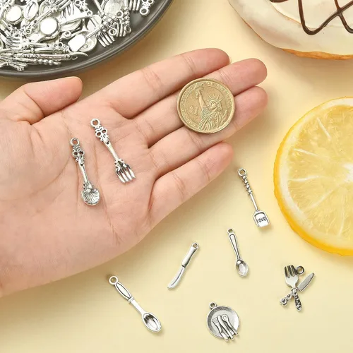 Miniatura 3 de Ipotkitt 100 dijes de vajilla de estilo vintage, cuchara, cuchillo, tenedor, dijes antiguos de cocina para manualidades, joyería, accesorios