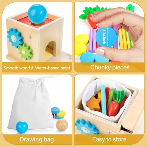 Miniatura 6 de Kizfarm Juguetes Montessori de madera para bebés, kit de juego de madera 8 en 1, incluye caja permanente de objetos, caja de monedas, cosecha