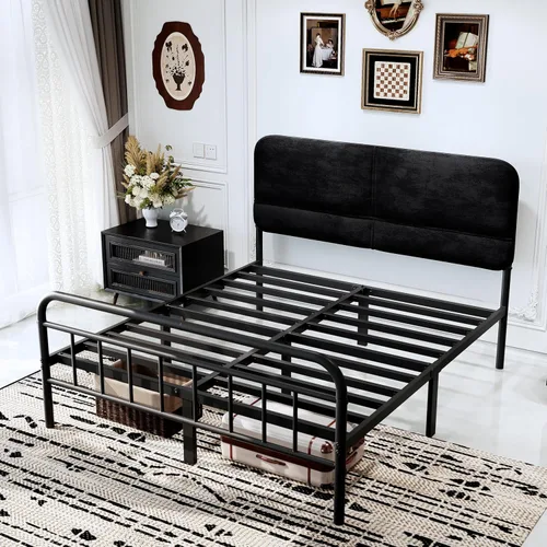 Miniatura 4 de Base de cama metálica de 14 pulgadas, tamaño matrimonial con cabecera tapizada, base de colchón resistente y de alta capacidad, fácil montaje,