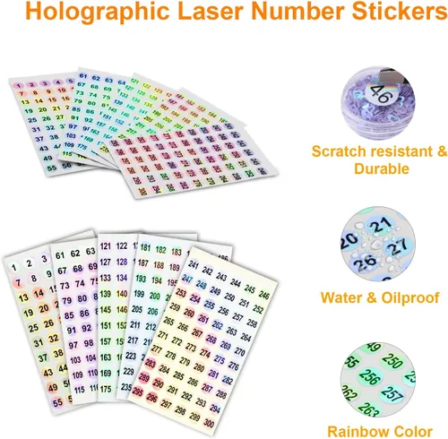 Miniatura 5 de 2 juegos de pegatinas numéricas (número 1-300), pegatinas holográficas autoadhesivas para organizar botellas de esmalte de uñas/palitos de muestra