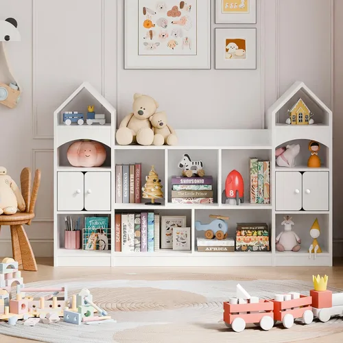 Vabches Estantería para niños con forma de castillo, vitrina para niños, organizador de almacenamiento de juguetes multifuncional, estantería Blanco