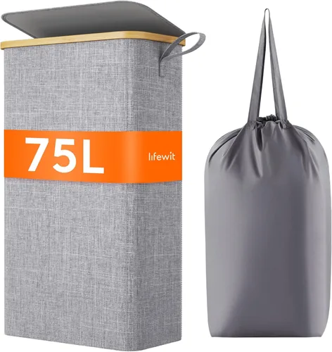 Miniatura 26 de Lifewit Cesto de Ropa Sucia Doble de 120L con Tapa, Cesto Grande Dual para Ropa Sucia con Bolsas Removibles, 2 Secciones Cestos Estéticos para Ropa
