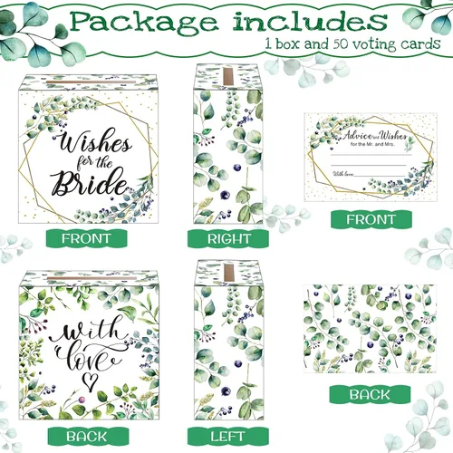 Miniatura 2 de Outus Caja de 51 tarjetas de boda con hojas de salvia con tarjetas de consejos, caja de tarjetas de despedida de soltera, cajas de sobre