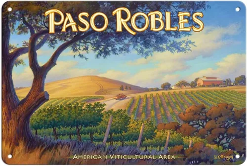 Paso Robles Wineries San Luis Obispo - California Vineyards Wine Country Art por Kerne Erickson - Cartel de metal vintage de 8 x 12 pulgadas