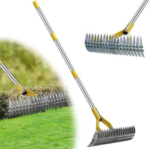 Miniatura 10 de Rastrillo de paja 2 en 1 de acero inoxidable para hojas de paja, 55 pulgadas, resistente 19 púas, desrastrador manual de césped con cabeza