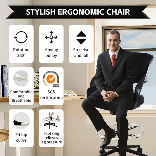 Miniatura 3 de Silla de dibujo ergonómica,Silla de escritorio de computadora de pie,Anillo de pie, Soporte lumbar,Silla giratoria para tareas,Negro