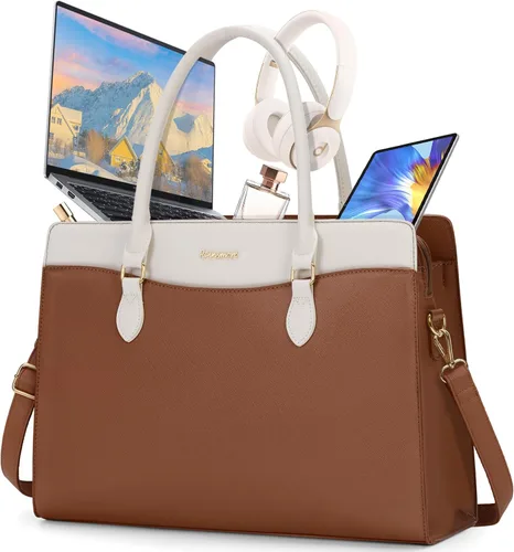 Bolsa para laptop RAINSMORE para mujeres de 15.6 pulgadas, impermeable, de cuero PU, bolsas de mano grande para laptop, bolsa de trabajo profesional