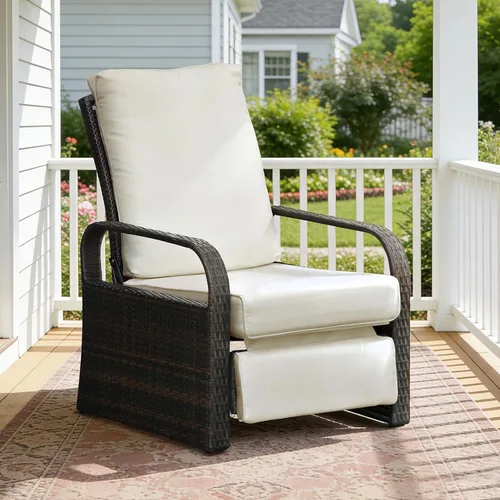 Babylon Silla reclinable de mimbre ajustable para exteriores con cojines de 5.5 pulgadas de grosor y reposapiés, marco de aluminio resistente al