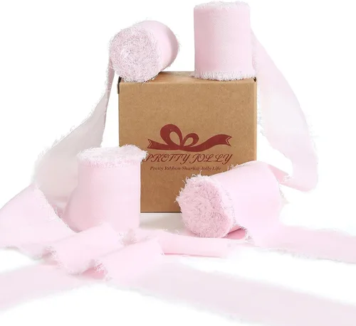 Miniatura 38 de Pretty Jolly Cinta de gasa beige para envolver regalos, 3 rollos de 2 pulgadas x 7 yardas, cinta de tela de seda hecha a mano con flecos para ramo