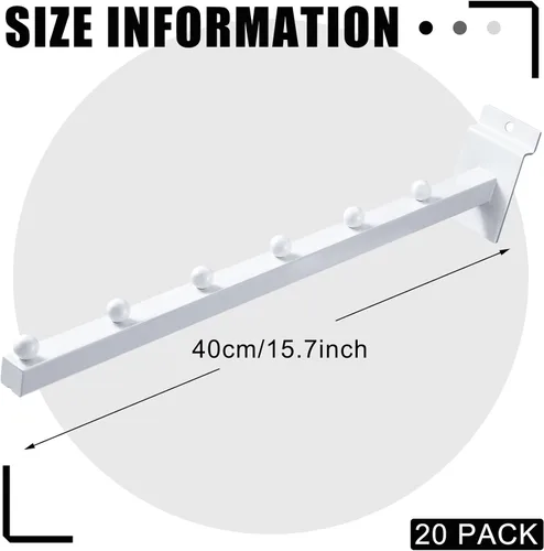 Miniatura 2 de Tatuo Paquete de 20 ganchos de pared de 15.75 pulgadas con 6 bolas de cascada, accesorios para colgar tablero de metal resistente, listones de Blanco