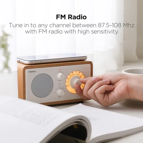 Miniatura 4 de mooas Radio de carga inalámbrica con esfera clásica, altavoz Bluetooth retro (negro), cargador inalámbrico máximo de 10 W, radio FM, modo SD/Aux
