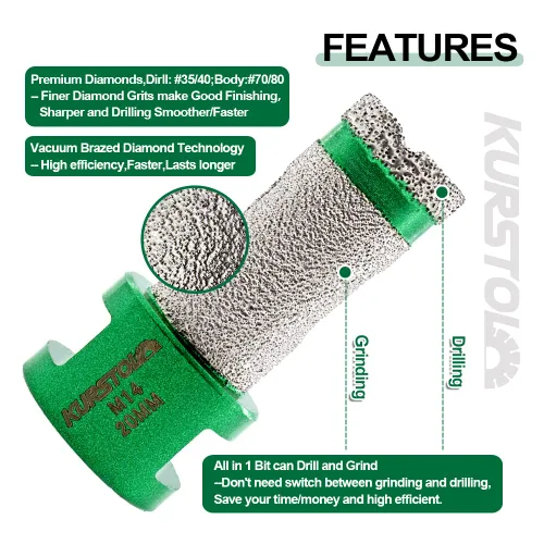 Miniatura 6 de Broca de núcleo de diamante – Broca de fresado de dedo de diamante de diámetro 1-3/8 pulgadas X5/8-11 rosca para agrandar dar forma bisel redondo