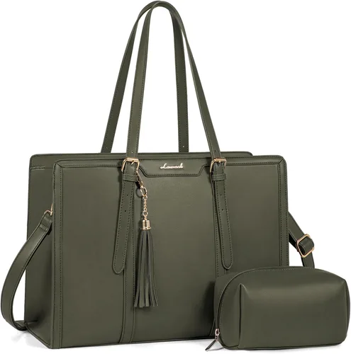 Miniatura 28 de LOVEVOOK Bolsa para laptop para mujer, bolsa de lona ligera de 15.6 pulgadas, bolsa grande para computadora, con bolso de mano, para negocios, Beige
