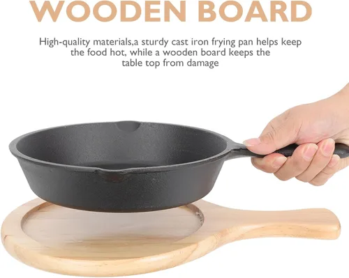 Miniatura 7 de Unomor Sartén antiadherente de hierro fundido grueso con base de madera, sartén de cocina doméstica para huevos, panqueques, distribución uniforme