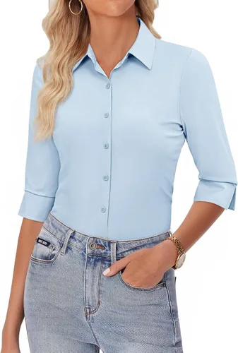 Miniatura 14 de siliteelon Camisas con botones para mujer, manga 3/4, elástica, ajustada, sin arrugas, cuello para negocios, trabajo, tops
