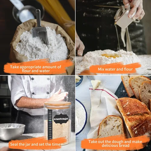 Miniatura 5 de Kmise Tarro para Masa Madre, Kit de Tarro para Masa Madre de Vidrio DIY Pro de 34 Oz con Termómetro, Espátula de Silicona, Calcomanías de Pizarra