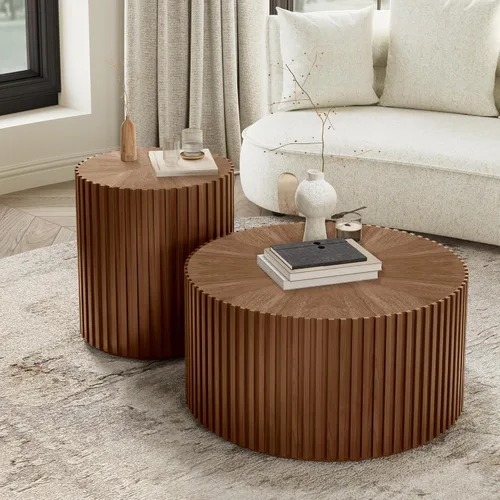 Miniatura 14 de POVISON Mesa auxiliar, mesa de centro redonda de madera, mesa auxiliar moderna para sala de estar, mesa de centro acanalada, color negro, totalmente