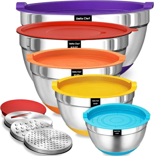 Miniatura 9 de Umite Chef Cuencos para Mezclar con Tapas Herméticas, Juego de 8 Cuencos de Acero Inoxidable para Mezclar Anidables, 3 Accesorios de Rallador y Negro