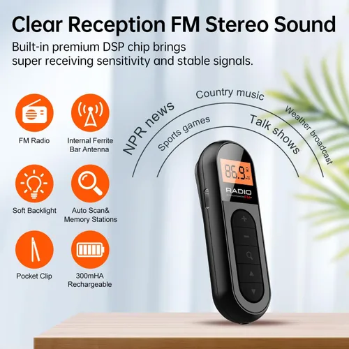 Radio portátil FM, radio de bolsillo recargable con la mejor sintonización digital de recepción, pantalla LCD, clip para cinturón, conector de