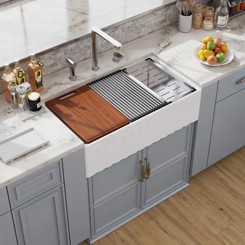 Miniatura 10 de Farm - Fregadero de cocina reversible con 24 unidades, color blanco, 24 x 18 pulgadas, delantal frontal de porcelana blanca, de cerámica y arcilla