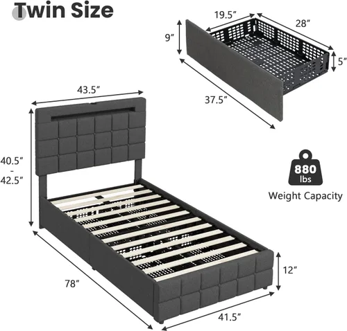 Miniatura 2 de KOMFOTT Base de cama individual con estación de carga y luces LED, base de cama de plataforma tapizada con cabecera ajustable y 4 cajones