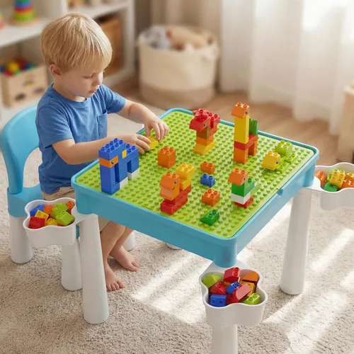 Miniatura 9 de Burgkidz Juego de mesa de actividades y sillas 5 en 1 con almacenamiento, 128 bloques de construcción compatibles con las principales marcas
