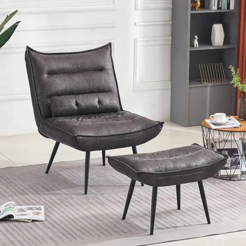 Miniatura 2 de MCombo Wingback - Silla decorativa con otomana, moderna tela bronceadora tapizada para espacios pequeños, sala de estar 4400 (gris oscuro)