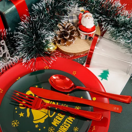 Miniatura 2 de WDF 175 piezas de platos de Navidad de plástico desechables - 25 platos verdes, 25 platos rojos con campanas doradas, 75 cubiertos de plástico Bell
