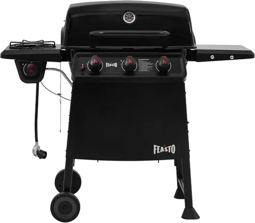 Feasto Parrilla de gas propano de 3 quemadores con quemador lateral, cuerpo principal y tapa esmaltados de porcelana, parrilla de barbacoa de