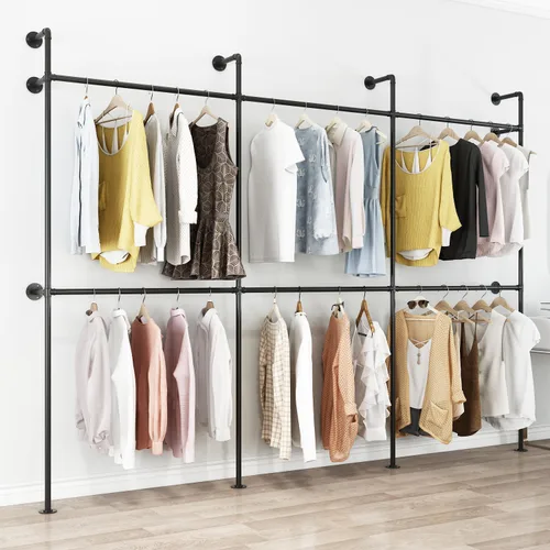 Miniatura 3 de ORSENIGO Perchero industrial de tubería, perchero de ropa de metal resistente con dobles varillas para colgar ropa, perchero de exhibición de ropa
