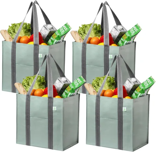 Miniatura 12 de VENO Paquete de 4 bolsas de comestibles reutilizables de Navidad, bolsas de compras resistentes con asas, para carrito de compras con parte inferior