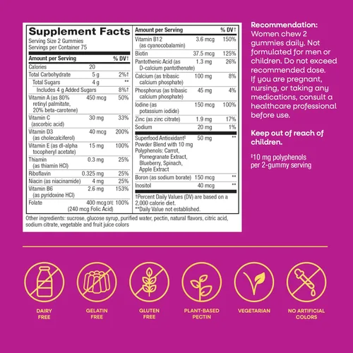 Miniatura 6 de Nature's Way Alive! Gomitas multivitamínicas para mujer, multivitaminas masticables diarias para mujeres, vitaminas A, C, D3, E, vitaminas B, apoya