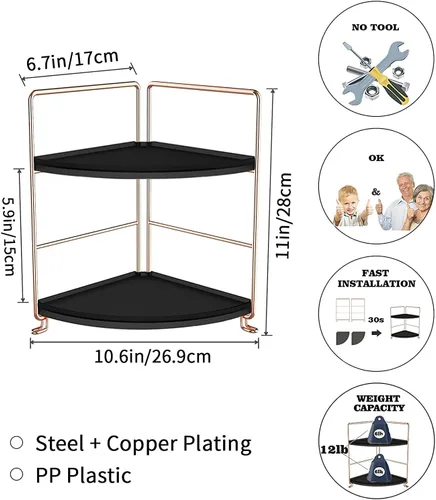Miniatura 2 de Estante de pie para especias de cocina, estante de almacenamiento de esquina de 2 niveles, organizador de encimera de baño, bandeja de tocador, Oro