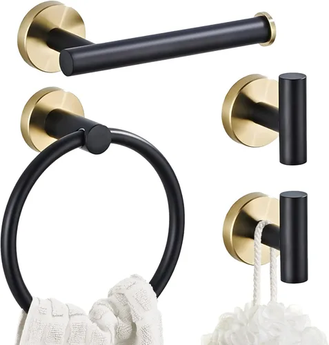 Juego de 4 piezas de accesorios de baño de acero inoxidable para montar en la pared, color negro y dorado, accesorios de baño dorados, juego de