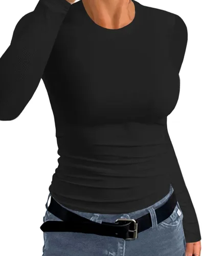 Miniatura 2 de Afibi Camiseta básica elástica de manga larga acanalada con cuello redondo para mujer
