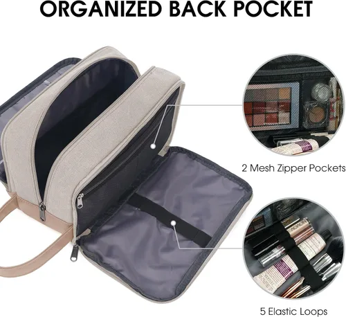 Miniatura 4 de WANDF Bolsa de Aseo de Viaje para Hombres Kit Dopp Grande Bolsa de Aseo y Afeitado Resistente al Agua Bolsa Colgante Accesorios de Viaje para Beige