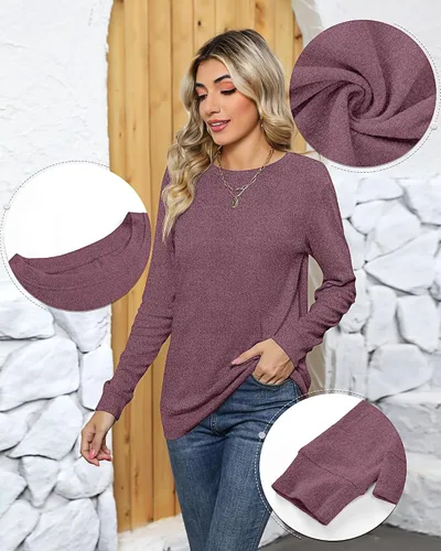 Miniatura 8 de Ficerd Paquete de 2 sudaderas casuales para mujer, camisas de algodón de manga larga, ajuste holgado, ligeras, cuello redondo, básicas, lindas