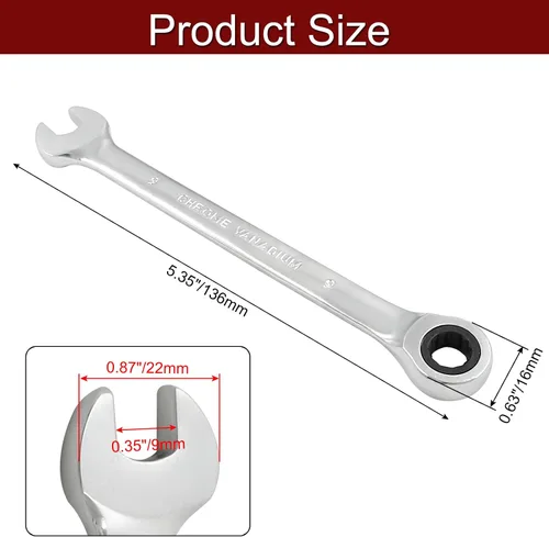 Miniatura 3 de Jiozermi Llave combinada de trinquete de 0.354 in, llave de trinquete métrica de 72 dientes SAE 12 puntos de trinquete de caja terminada herramientas