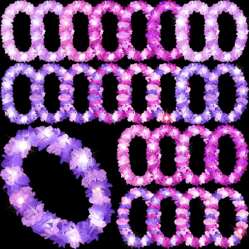 Miniatura 34 de Sherr 24 piezas Collares de leis LED iluminados, collares de flores hawaianas con luces LED para bodas, playa, tropical, carnaval, suministros