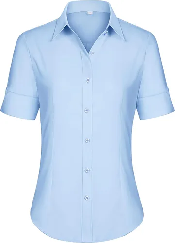 Miniatura 17 de siliteelon Camisas de vestir de manga corta con botones para mujer, camisas de algodón con botones para mujer, blusa ajustada de manga 3/4