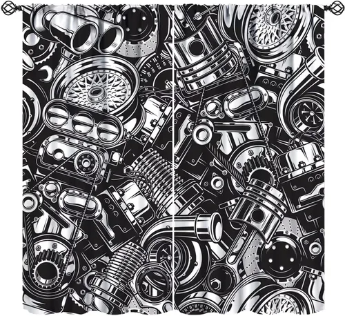Cortinas opacas para automóvil, piezas de automóvil, motor, color blanco y negro, impresión artística vintage para dormitorio de niños, sala de