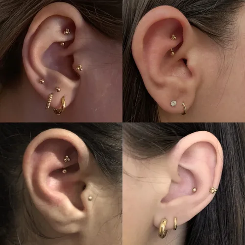 Miniatura 3 de ANYGOLDS 14K Solid Gold Floral Trinity Curved Barbell Earring - 16gauge Eyebrow, Cartilage, Daith & Helix Piercing Jewelry - Tragus, Conch, Rook &