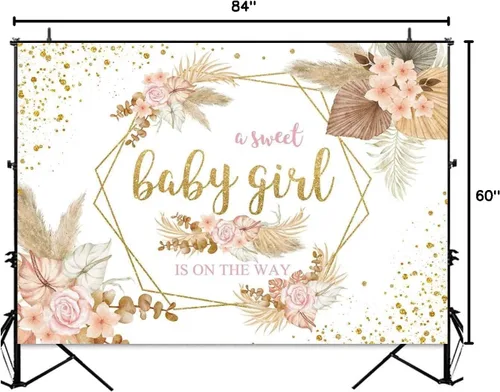 Miniatura 8 de Sensfun Telón de fondo bohemio para baby shower con texto en inglés "It's A Girl", fondo de fotografía de baby shower, rosa rubor, floral, hierba