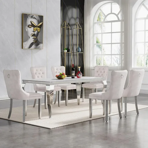 Miniatura 46 de HomVent Juego de mesa de comedor moderna de mármol sintético para 4 personas, mesa de cocina rectangular con 4 sillas beige (dorado)