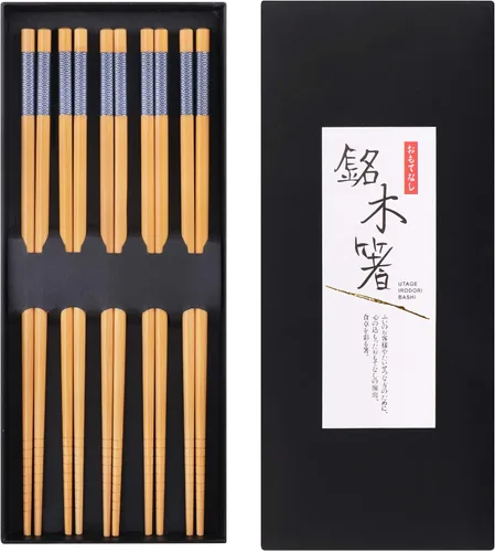Miniatura 9 de GLAMFIELDS Palillos Reutilizables de Madera Natural Japonesa 5 Pares Estilo Clásico Ligeros Tallados a Mano Seguros Palillos 8.8 Pulgadas/22.5cm