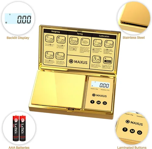 Miniatura 2 de MAXUS Báscula digital de gramos con capacidad de 7.05 oz x 0.00 oz, elegante cubierta chapada en oro y plataforma para un pesaje preciso y preciso