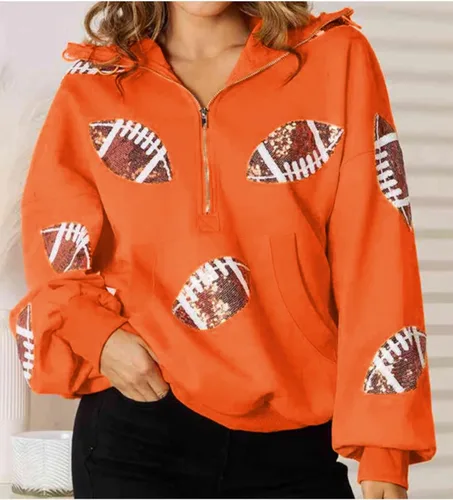 Miniatura 12 de SeekMe Sudaderas con capucha de lentejuelas para mujer, para el día del partido, suéteres de manga larga con cremallera y bolsillo