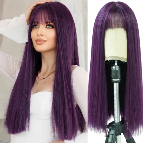 Miniatura 19 de 7JHH WIGS - Peluca de cabello sintético largo y liso con flequillo para mujer, aspecto natural (22 pulgadas, té negro)