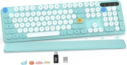 Teclado inalámbrico, teclas redondas, teclado de máquina de escribir retro con reposamuñecas desmontable, modo de suspensión, patas plegables, Azul