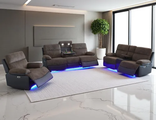 Miniatura 14 de Juego de Sofá Reclinable Eléctrico, Juego de Sofá y Sillón Reclinable de Cuero Negro, Juegos de Muebles de Sala de Estar, Sofá de Dos Plazas